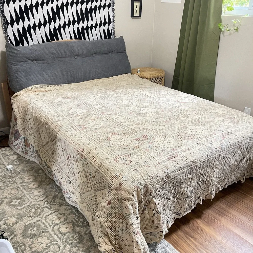 Vtg Cream Ivory Lace Bedspread Boho Floral Medallion‎ Fringe King 105x90 Granny
